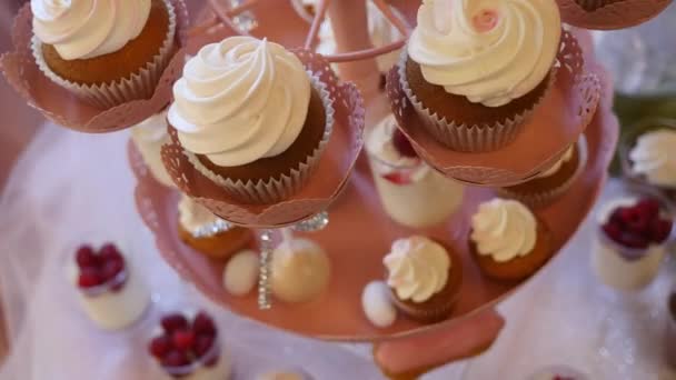 Candy Bar bröllop, godis buffé, läcker chokladkaka på ett bröllop — Stockvideo