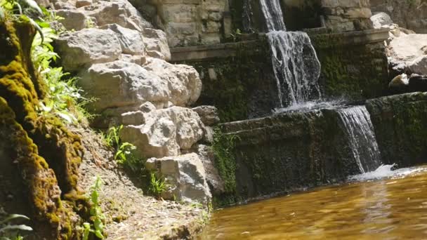 Close-up da cachoeira artificial no parque, água limpa corre ao longo dos degraus de pedra — Vídeo de Stock