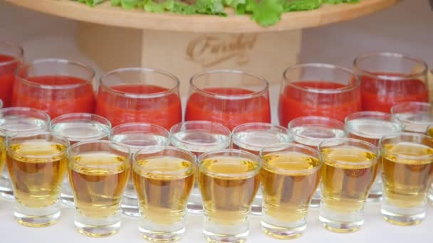 Γυαλιά με το αλκοόλ και διάφορα ποτά, ποτήρια κρασιού και σαμπάνιας είναι στο τραπέζι μπουφέ, κόκκινο κρασί σε ποτήρια σαμπάνιας από το γυαλί, μπουφές πίνακα με το αλκοόλ σε ένα εστιατόριο — Αρχείο Βίντεο