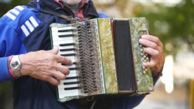 Chernivtsi, Ukrayna - 12.10.2017: akordeon parkta oynayan adam. yakın çekim