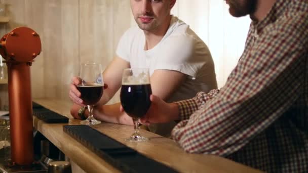 Deux jeunes hommes amis assis dans le bar et parlant entre eux tout en buvant de la bière — Video