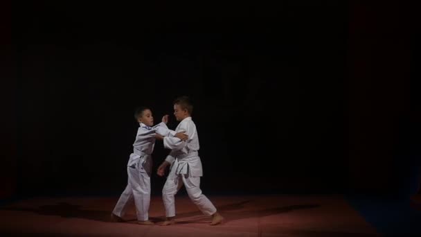 19.09.2017 - Tsjernivtsi, Oekraïne. Karate - zeer sterke kinderen op de mat zijn opleiding techniek judo. Slow motion — Stockvideo