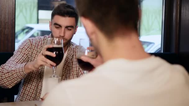 Dos jóvenes amigos sentados en el bar y hablando entre sí mientras beben cerveza — Vídeo de stock