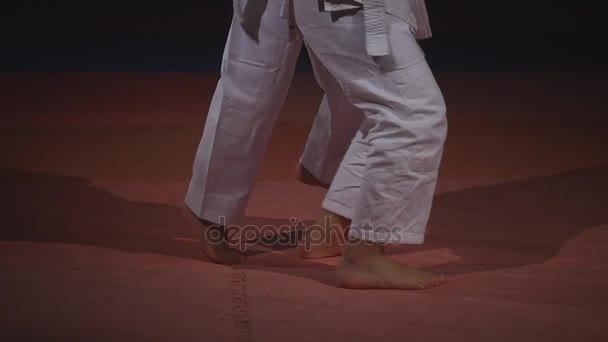 19.09.2017 - Tjernivtsi, Ukraina. Karate - mycket stark barn på mattan tränar teknik judo. slowmotion — Stockvideo