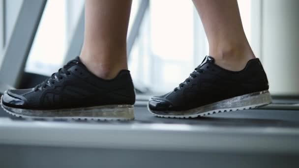 Close up womans legs on a treadmill in the gym — Stock Video