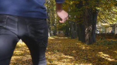 Erkek ayakları üzerinde yürüyen düşmüş akçaağaç yaprakları sonbaharda sarı. Erkek halı yapraklarından gider. Portre. Ağır çekim