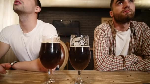 Два молодых человека сидят в баре и разговаривают друг с другом, когда пьют пиво. . — стоковое видео