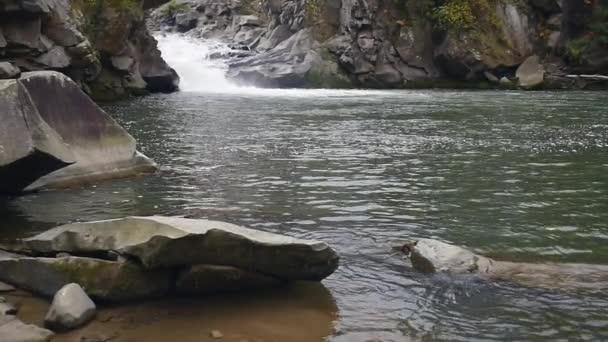 Вода в красивой горной реке течет вокруг большого камня — стоковое видео