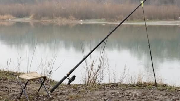 Fishing rod waiting for bait in river water — Stock Video