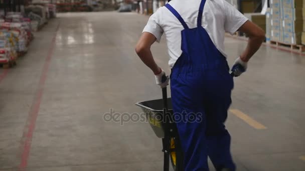 Trabalhador executado com carrinho de mão — Vídeo de Stock