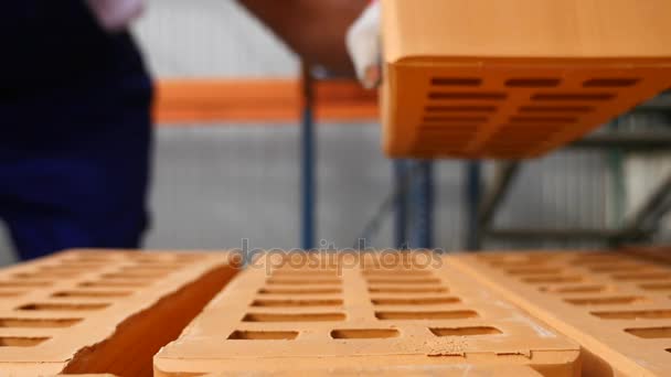 Närbild: arbetaren anger tegel på lager — Stockvideo