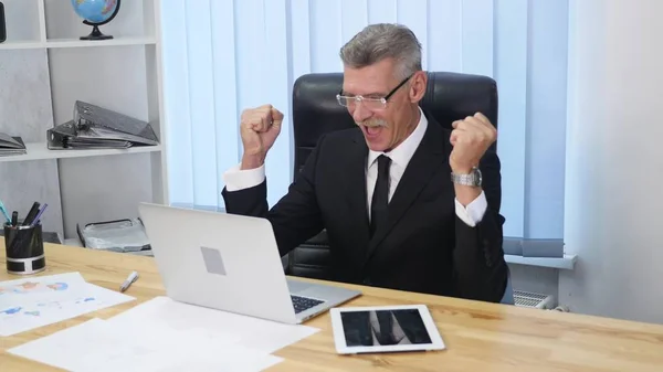 Exultante hombre de negocios se emociona y finalmente gana —  Fotos de Stock