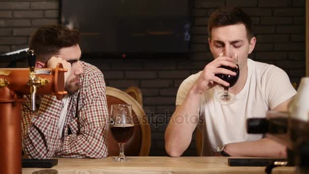 Два молодых человека сидят в баре и разговаривают друг с другом, когда пьют пиво. . — стоковое видео