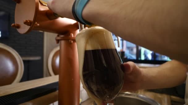 Beer is pouring into the angled glass. Stout, Light, Unfiltered beer, ready to drink beer — Stock Video