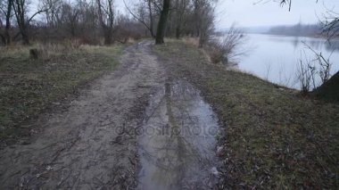 Sonbahar manzara, kasvetli sisli Orman Gölü, kaydırma