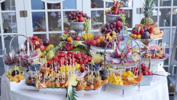 Různé čerstvé ovoce na svatbě bufet stůl. Ovoce a bobule dekorace svatební tabule. Recepce ovocné víno šampaňské. Dekorace svatební tabule — Stock video