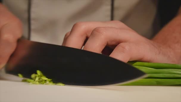 Skär de grön lök med en kniv på tavlan. Skär grön utan händer i ramen. Kocken skär ingredienserna till soppa. Skivad grönska. Laga mat. Hacka ingredienser för sallad — Stockvideo