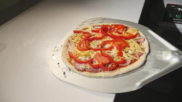 Closeup somebody takes ready tasty pizza out of electrical oven with special metal shovel — Stock Video