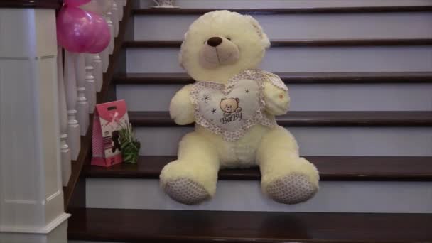 Teddy beer zit op de houten trap. — Stockvideo