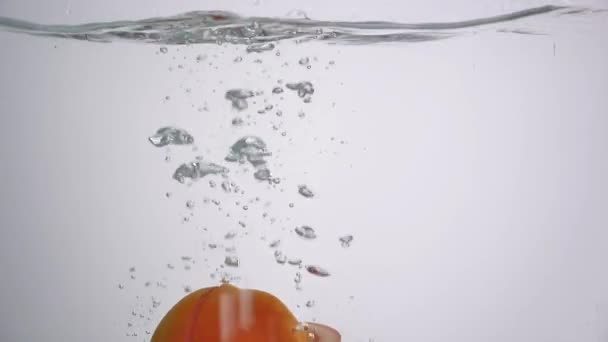 Rajče pokles stříkající vodě s bublinou — Stock video