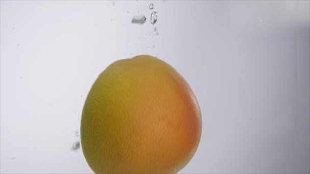 Наполовину грейпфрут падає у воду — стокове відео