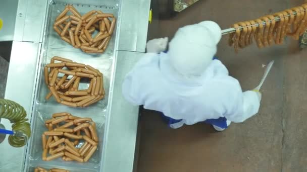 Рабочие берут сосиски в контейнер — стоковое видео