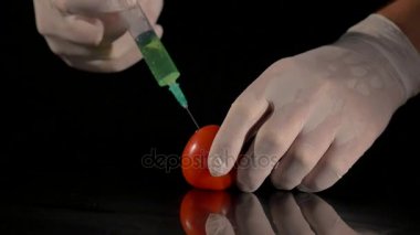 Madde domates enjekte şırınga ile erkek bilim adamı el