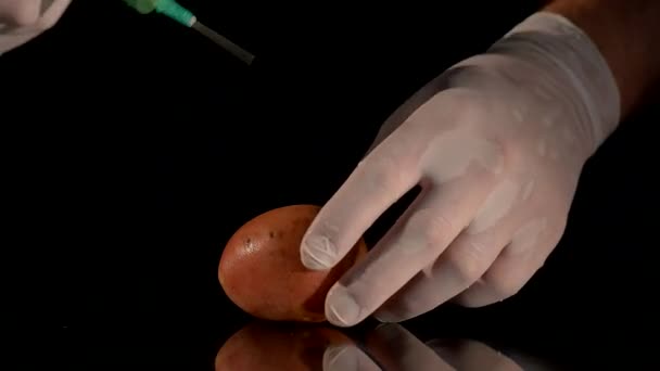 Male scientist hands with syringe injecting substance into potato — Stock Video