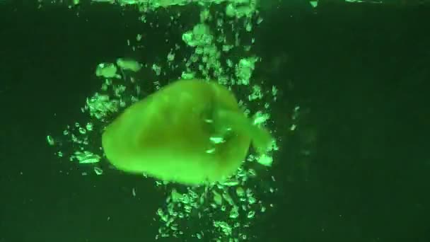 Pimentos doces amarelos, capsicum annuum, Vegetais caindo na água contra fundo preto — Vídeo de Stock