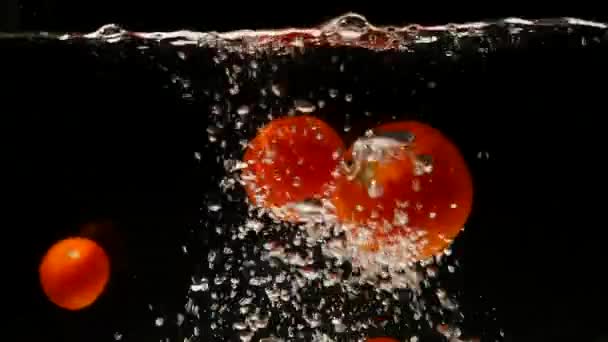 Tomates caindo na água sobre fundo preto — Vídeo de Stock