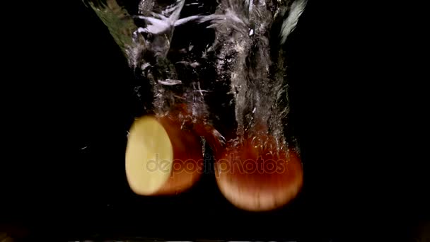Kartoffelscheiben fallen in Wasser auf schwarzem Hintergrund — Stockvideo
