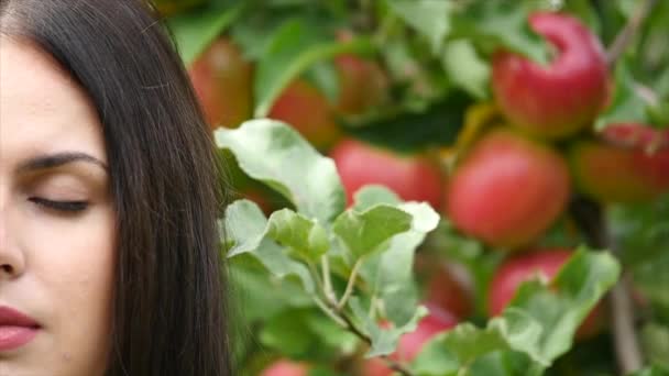 Jeune femme vêtue d'une robe blanche se retournant et posant devant la caméra devant le soleil dans le jardin fleuri d'Apple. gros plan — Video