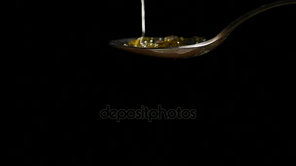 Miele gocciolante dal cucchiaino da tè in acciaio su sfondo nero — Video Stock