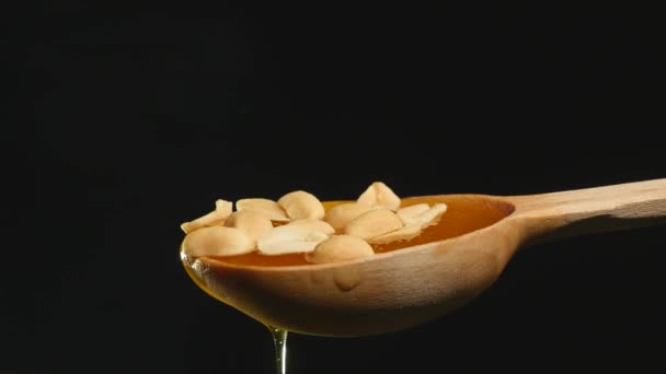 Honey and nuts on wooden spoon close up — Stock Video