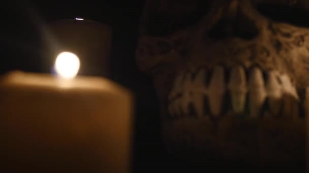 Dos velas encendidas y un cráneo sobre un fondo negro. de cerca — Vídeo de stock