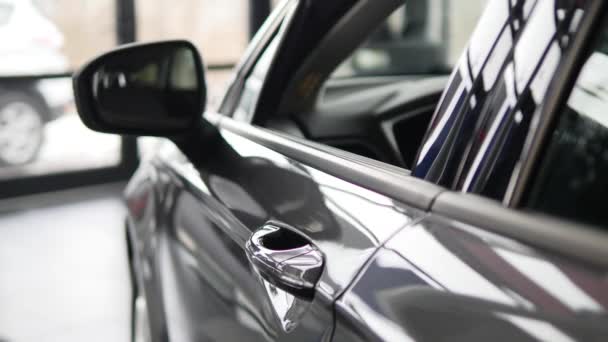 A man inspects interior of the vehicle. Auto business, car sale, technology and people concept - happy male with car dealer in auto show or salon. Young man with a salesman in a motor show — Stock Video