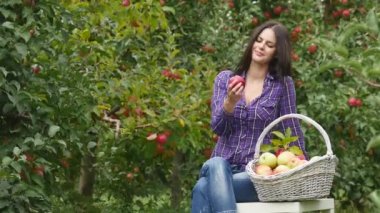 Genç ve güzel bahçıvan kız sepet meyve ve bit tat elma meyve dolu yakınındaki ahşap masa oturur