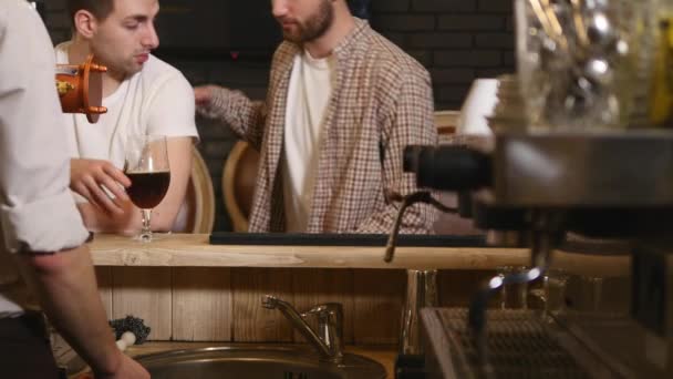 Two young men friends sitting in bar and talking with each other while drinking beer — Stock Video