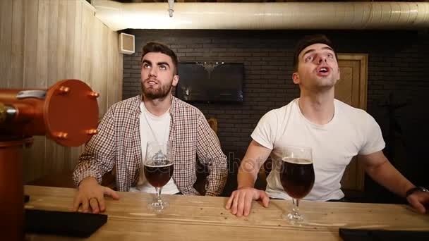 Två unga män vänner sitter i baren och prata med varandra när man dricker öl. — Stockvideo