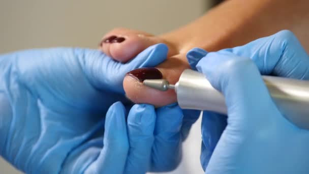 Cosmetician slipar kvinna hälen på göra pedikyr i skönhetssalong. — Stockvideo