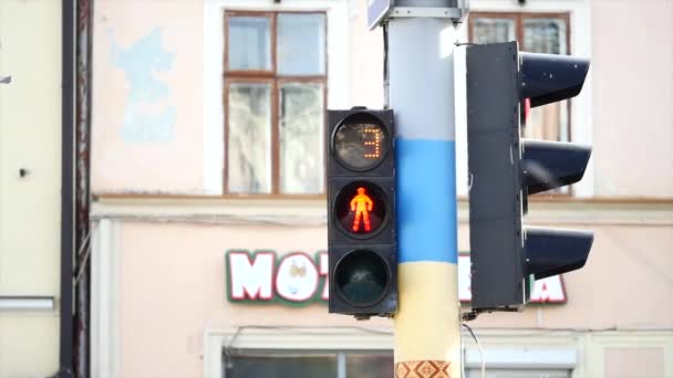 14.11.2017 Chernivtsi, Ucraina - chiusura di un semaforo, con il conto alla rovescia e un uomo in corsa — Video Stock