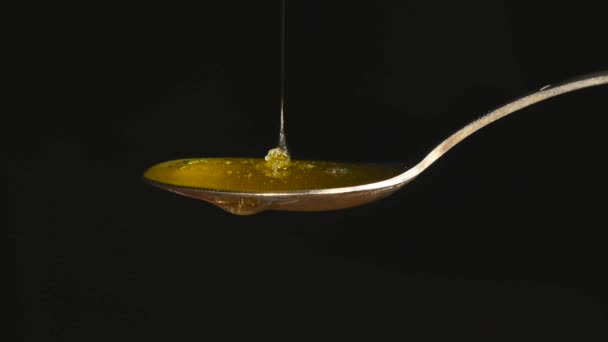 Miel dégoulinant de la cuillère à thé inoxydable sur fond noir — Video