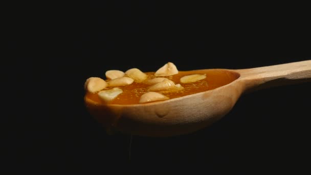 Honey and nuts on wooden spoon close up — Stock Video