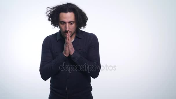 Closeup portrait nervous stressed young man on white background — Stock Video