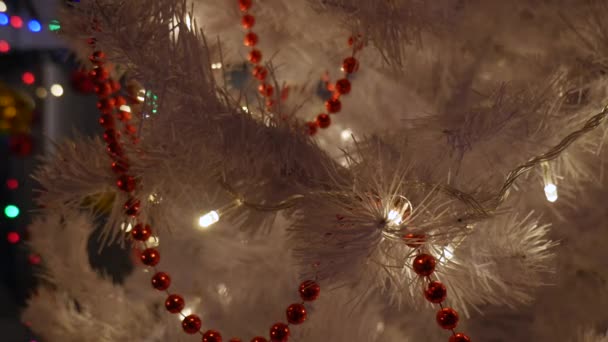 Christmas white tree. Close up. Selective focus — Stock Video