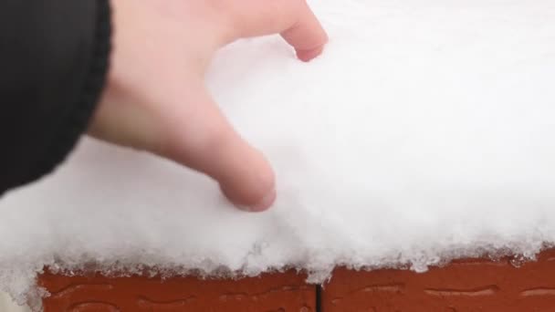 Manos tocando nieve, fondo blanco de invierno — Vídeo de stock