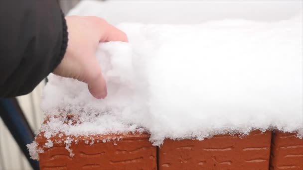 Manos tocando nieve, fondo blanco de invierno — Vídeos de Stock