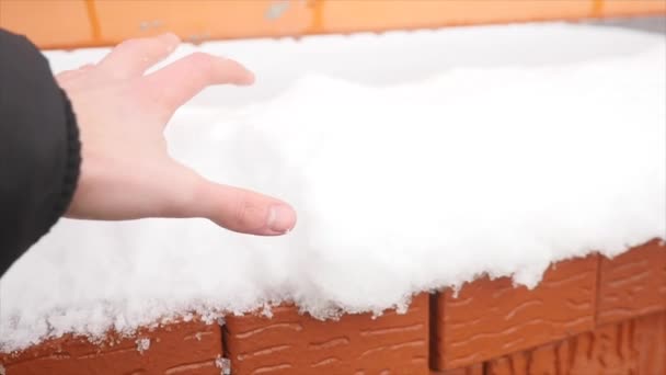 Mani che toccano la neve, sfondo bianco inverno — Video Stock