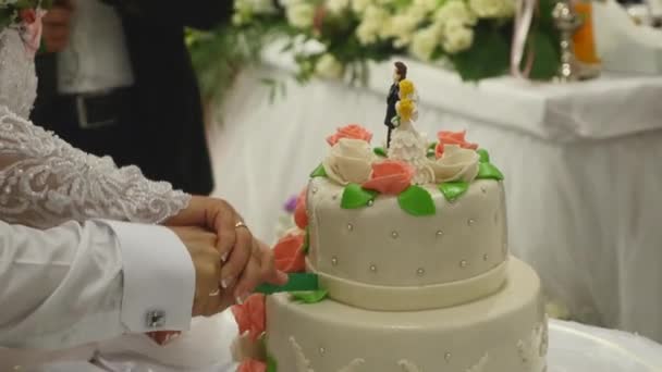 Разрезание свадебного торта — стоковое видео