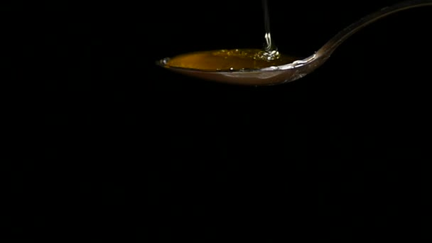 검은 배경에 스테인리스 차 숟가락에서 떨어지는 꿀 — 비디오